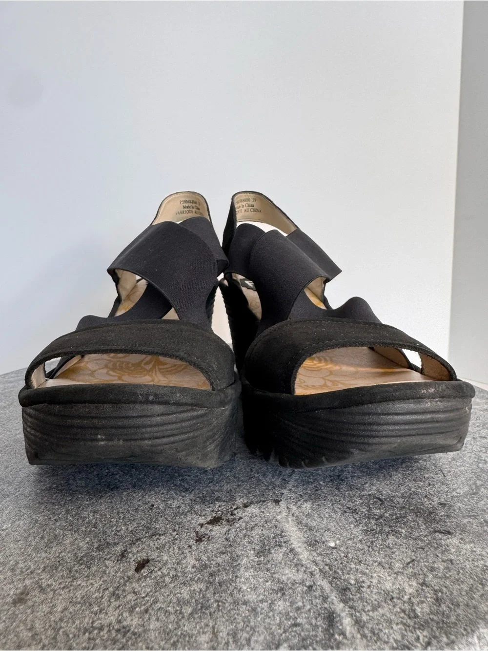 Fly London Yaji Black Leather Wedge Heels Sandals 39